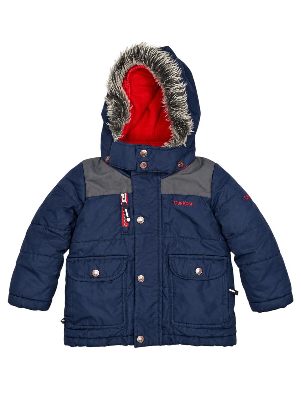 OshKosh B'gosh Navy and Gray Toddler Winter Jacket with Faux Fur Hood 2T